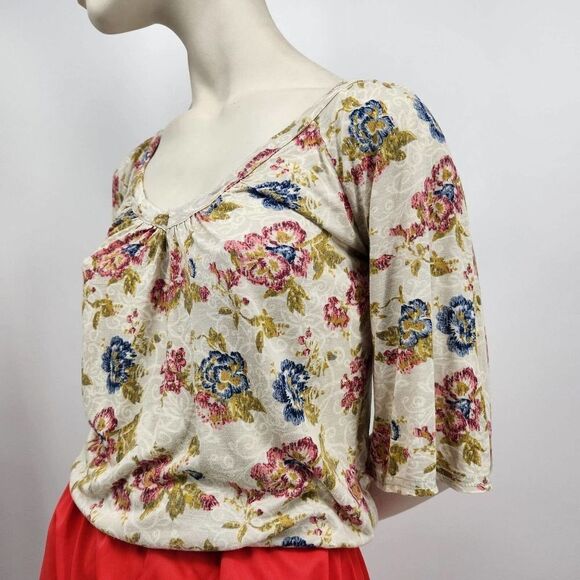 Mudd Boho Top Jersey Knit Floral Elbow Sleeves Pullover V-Neck - Picture 4 of 10